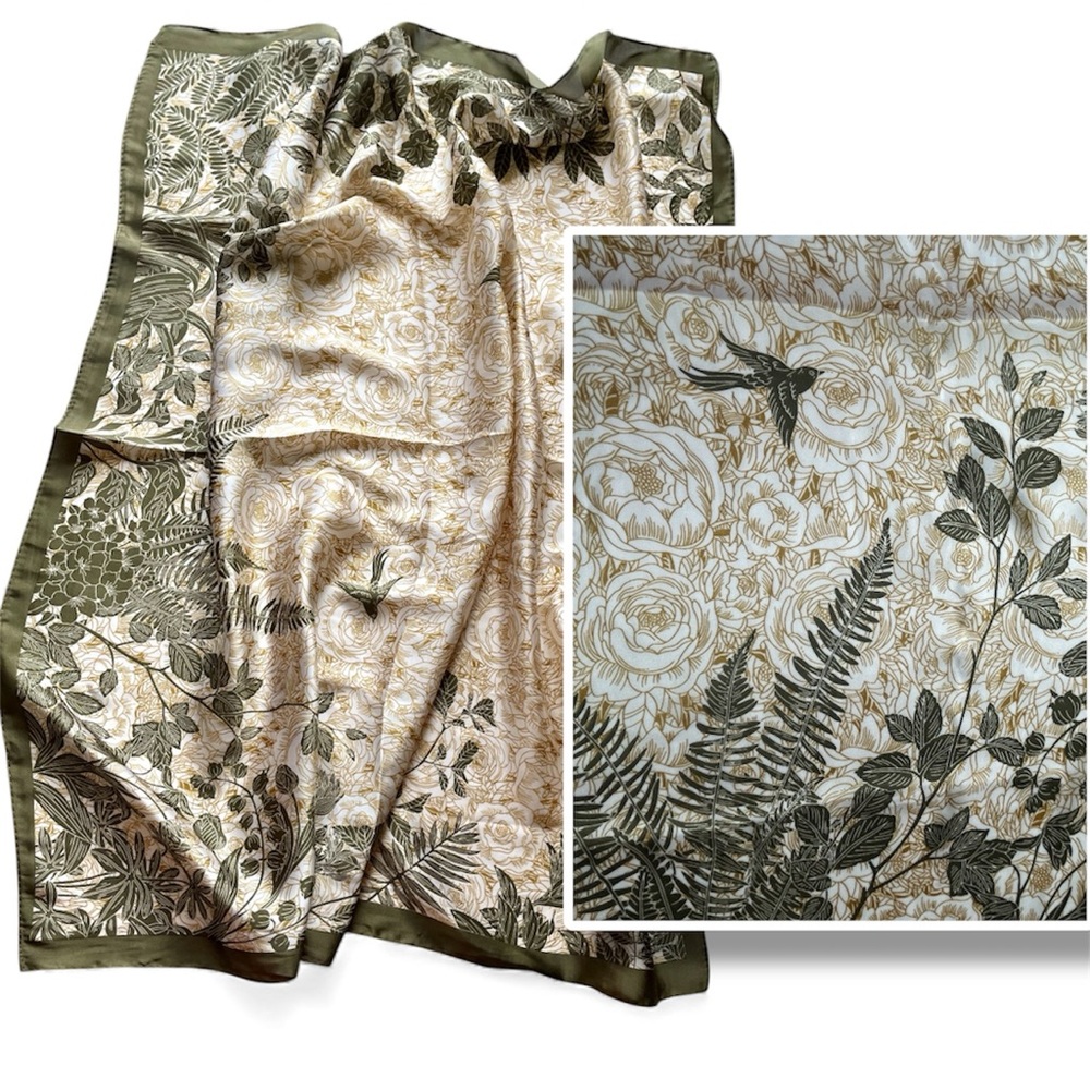 Classy neck scarf kerchief floral nature scene 27” sq soft birds ferns Tan/Green